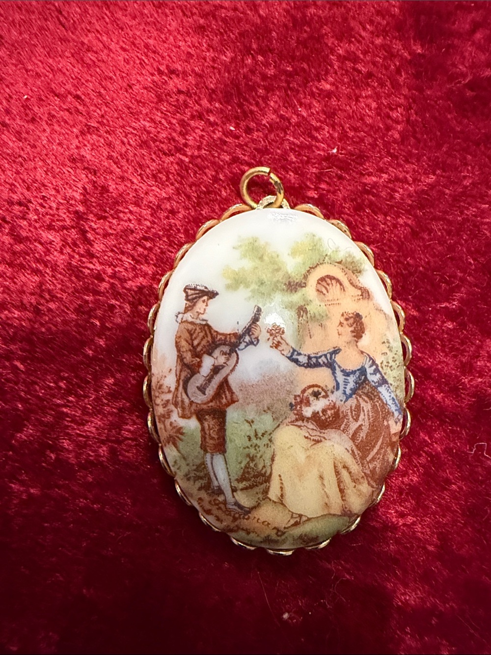 Vintage Porcelain  Romantic Scene Pendant with Multicolor Print good condition